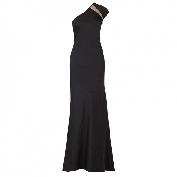 Kaufman Franco / black onyx column one shoulder illusion gown crepe dress 2 - Picture 4 of 8